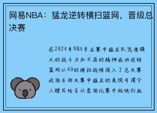 网易NBA：猛龙逆转横扫篮网，晋级总决赛