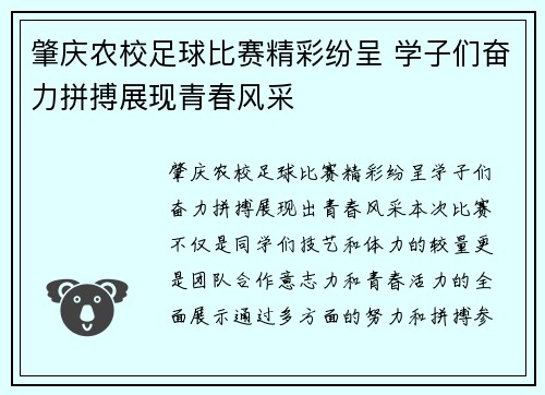 肇庆农校足球比赛精彩纷呈 学子们奋力拼搏展现青春风采